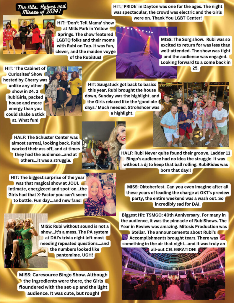 Hits Halves Misses Page with images and text blocks on gold silk background